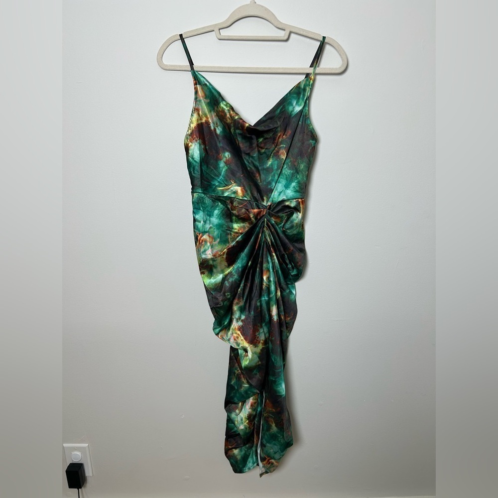 PrettyLittleThing Green Print Satin Strappy Cowl Neck Side Gathered MIDI Dress